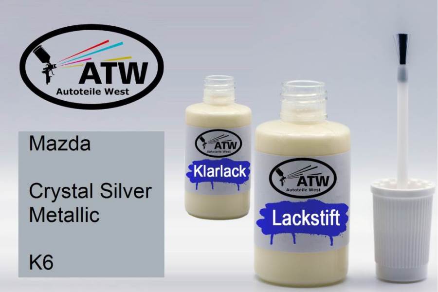 Mazda, Crystal Silver Metallic, K6: 20ml Lackstift + 20ml Klarlack - Set, von ATW Autoteile West.
